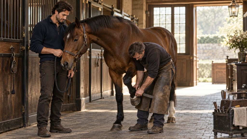 Een man in een donkere trui houdt een bruin paard rustig vast aan een los halstertouw in een stalgang, terwijl een hoefsmid met een leren schort een voorvoet opneemt.
