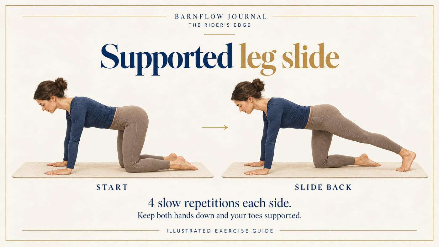 Two illustrated positions on hands and knees: start, and sliding one leg back while both hands and the sliding foot’s toes remain supported.