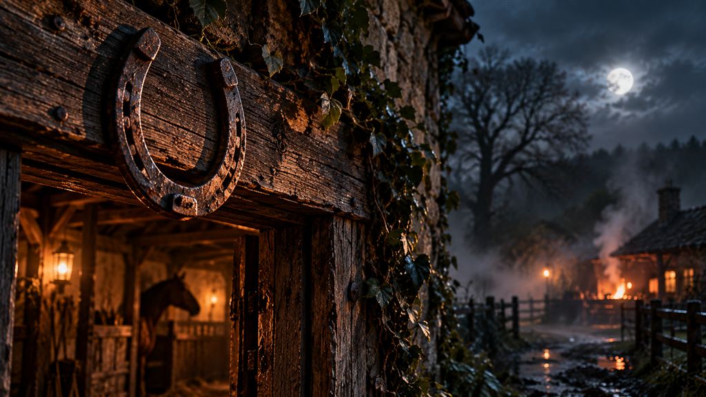 Un fer à cheval patiné est accroché au-dessus de l’entrée d’une écurie, par une nuit brumeuse éclairée par la lune.